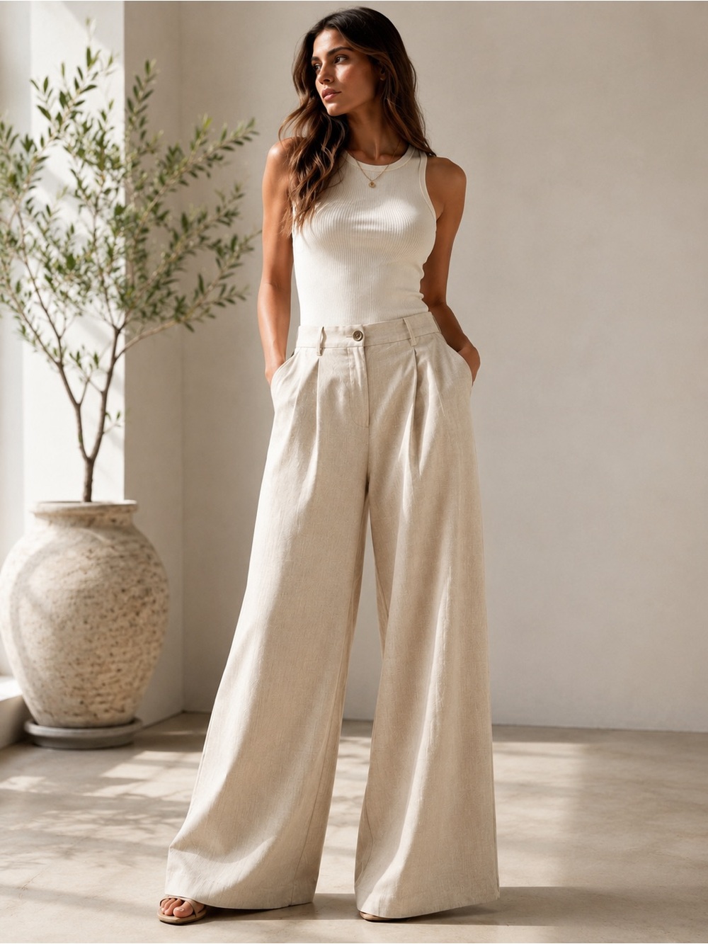 Banana Republic Wide Leg High Rise Trousers Beige Size 6 Pleated Linen Look